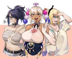 2021, 3girls, amano pikamee, aqua hair, artist name, bandaid, bandaid on face, bandaid on shoulder, bangs, beige dress, beige gloves, belt, belt buckle, black hairband, blonde hair, blue eyes, blush, bra strap, breasts, bright pupils, brown eyes, buckle, chest sarashi, choker, collarbone, commentary, dark-skinned female, dark skin, elbow gloves, english commentary, eyebrows visible through hair, glasses, gloves, grey eyes, hairband, halter dress, halterneck, hololive, hololive english, huge breasts, indie virtual youtuber, kson, large breasts, limiter (tsukumo sana), looking at viewer, looking up, mole, mole under eye, multicolored hair, multiple girls, navel, off shoulder, open hand, open mouth, ponytail, pout, sarashi, sharp teeth, short hair, simple background, smile, snowcie, souchou, speech bubble, streaked hair, sweater, teeth, tsukumo sana, twintails, virtual youtuber, voms, white background, white pupils, white sweater
