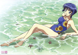 Rule 34 | 1girl, ai yori aoshi, arm support, blue eyes, blue hair, blue one-piece swimsuit, breasts, casual one-piece swimsuit, collarbone, floral print, flower, fumizuki kou, halterneck, highres, large breasts, legs, long legs, lying, matching hair/eyes, moire, official art, on back, one-piece swimsuit, print swimsuit, reclining, ripples, sakuraba aoi, scan, scan artifacts, seashell, shell, short hair, smile, solo, starfish, submerged, sunflower, swimsuit, toe-point, wading, water