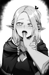 Rule 34 | 1boy, 1girl, absurdres, bite mark, bite mark on arm, bite mark on hand, blurry, blush, braid, breasts, breath, capelet, choker, cleavage, collarbone, depth of field, dungeon meshi, ear blush, elf, finger in another&#039;s mouth, grabbing, greyscale, hand on another&#039;s face, highres, holding another&#039;s wrist, long hair, looking at viewer, low neckline, marcille donato, masoq, monochrome, open mouth, pointy ears, pov, saliva, simple background, tongue, tongue out, upper body, vignetting, white background