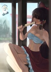 Rule 34 | 2girls, absurdres, bare legs, bare shoulders, blonde hair, blurry, blurry background, blush, bow, breasts, brown hair, chest sarashi, cleavage, collarbone, crossed legs, day, dress, dripping, food, frilled bow, frilled hair tubes, frills, hair bow, hair tubes, hakurei reimu, hat, highres, holding, holding food, holding popsicle, hot, kirisame marisa, looking afar, marsalcaran, medium breasts, multiple girls, open mouth, popsicle, red bow, red eyes, red skirt, ribbon trim, sarashi, shade, skirt, stomach, sweat, sweat stain, sweaty clothes, touhou, veranda, witch hat