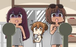 Rule 34 | 2girls, ?, bottle, brown eyes, brown hair, character name, chocolate milk, commentary request, cowboy shot, dated, eyewear on head, fumizuki (kancolle), hamu koutarou, highres, kamikaze (kancolle), kantai collection, long hair, multiple girls, naked towel, natori (kancolle), one-hour drawing challenge, open mouth, purple eyes, purple hair, shaded face, short hair, sliding doors, sunglasses, sweat, nervous sweating, towel, trembling, weighing scale, weight conscious, white towel