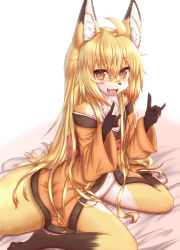 Rule 34 | 1girl, :3, :d, ahoge, animal ear fluff, animal ears, animal nose, blonde hair, blush, body fur, collarbone, commentary request, double fox shadow puppet, fang, fox ears, fox girl, fox shadow puppet, fox tail, furry, furry female, highres, horokusa (korai), korai (horokusa), looking at viewer, navel, open mouth, original, simple background, sitting, smile, solo, tail, two-tone fur, white background, white fur, yellow eyes, yellow fur