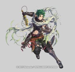 Rule 34 | 1boy, black gloves, black vest, brown footwear, clenched teeth, commentary request, fire emblem, fire emblem: radiant dawn, fire emblem heroes, full body, gloves, green hair, green pants, izuka daisuke, nintendo, official art, pants, scarf, solo, sothe (fire emblem), sothe (resplendent) (fire emblem), teeth, torn clothes, vest, white scarf, yellow eyes