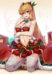 Rule 34 | 10s, 1girl, bare shoulders, blonde hair, bow, box, breast hold, breasts, collarbone, crop top, detached sleeves, empty eyes, full body, gift, gift box, gloves, gradient background, granblue fantasy, hair between eyes, hair bow, hair ribbon, highres, kneeling, large breasts, lips, long hair, looking at viewer, midriff, miniskirt, navel, open mouth, pak ce, pleated skirt, ponytail, red eyes, ribbon, skirt, solo, thighhighs, thighs, vira (granblue fantasy), white gloves, white thighhighs