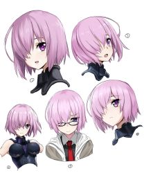 Rule 34 | 1girl, bare shoulders, bodysuit, closed mouth, collared shirt, fate/grand order, fate (series), frown, glasses, grey jacket, hair over one eye, hood, hoodie, hotori (sion), jacket, mash kyrielight, multiple views, necktie, open mouth, pink hair, purple eyes, red necktie, shirt, short hair, simple background, white background