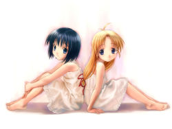 Rule 34 | 2girls, antenna hair, arm support, back-to-back, bare shoulders, barefoot, black hair, blonde hair, blue eyes, child, dress, feet, flat chest, from side, goto p, hair ribbon, hugging own legs, kashiwagi hatsune, kashiwagi kaede, kizuato, lace, lace-trimmed dress, lace trim, light smile, long hair, looking at viewer, looking back, low-tied long hair, multiple girls, ribbon, short hair, simple background, sitting, smile, white background, white dress