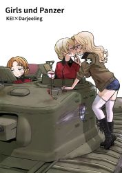 Rule 34 | 10s, 3girls, annoyed, blonde hair, blue eyes, boots, braid, churchill (tank), combat boots, cup, darjeeling (girls und panzer), emblem, girls und panzer, green jacket, hand on another&#039;s chin, highres, hone (honehone083), jacket, kay (girls und panzer), long hair, military, military vehicle, motor vehicle, multiple girls, orange pekoe (girls und panzer), red hair, red jacket, saunders military uniform, short shorts, shorts, spilling, st. gloriana&#039;s (emblem), st. gloriana&#039;s military uniform, tank, tea, teacup, thighhighs, yuri