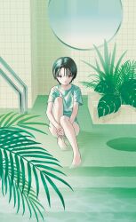 Rule 34 | 1girl, absurdres, bare legs, barefoot, black hair, closed mouth, highres, holding leg, indoors, leaf, looking at viewer, narume, original, parted bangs, pixel art, pool, pool ladder, red eyes, shirt, short hair, sitting on water, solo, stairs, sweat, t-shirt, wading pool