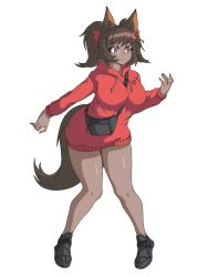 Rule 34 | 1girl, adidas, animal ears, between breasts, breasts, brown hair, brups tv, commission, curvy, dark-skinned female, dark skin, fanny pack, fox ears, fox girl, fox tail, frown, highres, hood, hoodie, large breasts, leaning forward, looking to the side, no pants, open hands, original, red eyes, red hoodie, shoes, sneakers, solo, strap between breasts, tail, thick thighs, thighs, twintails, white background