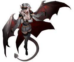 Rule 34 | 1girl, absurdres, belt, boots, breasts, cape, cleavage, collarbone, commission, demon girl, demon horns, demon tail, demon wings, epaulettes, frown, full body, glove pull, gloves, grey footwear, hair over one eye, hand up, hat, high heel boots, high heels, highres, horns, huge filesize, jacket, jacket on shoulders, large breasts, less, lilim (monster girl encyclopedia), long hair, long sleeves, looking away, miniskirt, monster girl encyclopedia, pencil skirt, pointy ears, red eyes, serious, skirt, solo, standing, tail, thigh boots, thighhighs, transparent background, victoria (lilim), white gloves, white hair, wings, zettai ryouiki