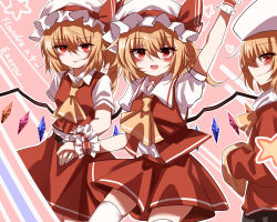Rule 34 | 3girls, absurdres, alternate costume, alternate eye color, arm up, artist name, ascot, blush, brown skirt, character name, closed mouth, collared shirt, crystal, fang, flandre scarlet, frills, from side, hair between eyes, hand up, hat, hat ribbon, heart, highres, jacket, jewelry, long sleeves, looking at another, looking to the side, mob cap, multicolored wings, multiple girls, one side up, open mouth, orange ascot, orange hair, pink background, puffy short sleeves, puffy sleeves, red eyes, red jacket, red ribbon, red skirt, red vest, ribbon, shirt, short sleeves, skirt, smile, standing, star (symbol), striped, thighhighs, tongue, top-exerou, touhou, vest, white headwear, white shirt, white thighhighs, wings, wrist cuffs