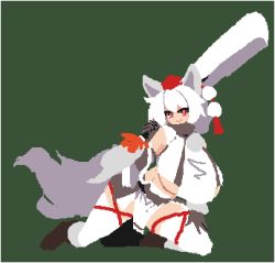 Rule 34 | 1girl, animal ears, closed mouth, commentary request, flat color, full body, green background, holding, holding sword, holding weapon, huge weapon, inubashiri momiji, looking at viewer, lowres, namako daibakuhatsu, no lineart, on one knee, pom pom (clothes), red eyes, simple background, smile, solo, sword, tail, tassel, thighhighs, touhou, unfinished, weapon, white hair, white thighhighs, wolf ears, wolf girl, wolf tail