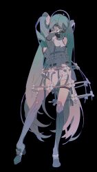 Rule 34 | 1girl, absurdres, aqua hair, asymmetrical legwear, bare shoulders, black background, black gloves, blue eyes, blue footwear, blue socks, blue thighhighs, chinese commentary, commentary request, covered mouth, detached sleeves, ensoleillee, flower, full body, gloves, gradient hair, hair ornament, hatsune miku, high heels, highres, light blush, long hair, long sleeves, looking at viewer, medium skirt, multicolored hair, outstretched arm, over-kneehighs, simple background, single over-kneehigh, single thighhigh, skirt, socks, solo, sparkle, standing, thighhighs, very long hair, vocaloid, white flower, white hair, white headphones, white romper, white sleeves