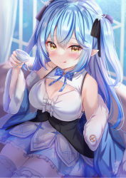 Rule 34 | 1girl, :q, bad id, bad twitter id, blue coat, blue hair, blue nails, blue skirt, blush, breasts, cleavage, cleavage cutout, clothing cutout, coat, commentary request, corset, cup, elf, frilled skirt, frilled thighhighs, frills, hair ribbon, highres, holding, holding cup, hololive, large breasts, long hair, multicolored hair, nail polish, off shoulder, open clothes, open coat, pointy ears, ribbon, shirt, skirt, sleeveless, sleeveless shirt, snowflake print, solo, streaked hair, thighhighs, tongue, tongue out, two side up, virtual youtuber, white shirt, yellow eyes, yuano, yukihana lamy
