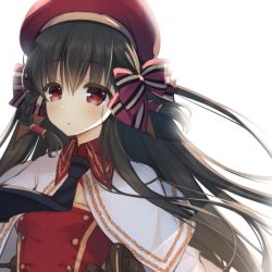 Rule 34 | 1girl, azur lane, beret, black hair, blush, bow, braid, breasts, capelet, cariboy, commentary request, hair between eyes, hair bow, hair tubes, hat, long hair, looking at viewer, parted lips, red bow, red eyes, red hat, red shirt, rulutieh, shirt, side braid, simple background, single braid, small breasts, solo, striped, striped bow, upper body, utawarerumono, very long hair, white background, white capelet