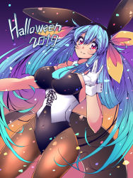 Rule 34 | animal ears, blue hair, blush, bow, bowtie, breasts, dizzy (guilty gear), english text, fake animal ears, gloves, guilty gear, guilty gear xrd, hair between eyes, hair ribbon, halloween, halloween costume, iguana henshuu-chou, large breasts, leotard, long hair, monster girl, navel, pantyhose, playboy bunny, rabbit ears, red eyes, ribbon, solo, tail, thighhighs, twintails, yellow ribbon