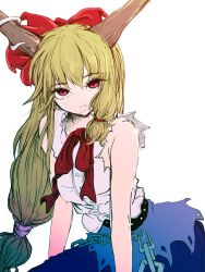 Rule 34 | 1girl, backlighting, blonde hair, blue skirt, bow, breasts, chain, darjeeling (reley), expressionless, hair bow, hair ornament, hair scrunchie, hair tie, highres, horns, ibuki suika, long hair, long skirt, looking at viewer, red eyes, ribbon, scrunchie, simple background, skirt, slit pupils, solo, torn clothes, torn sleeves, touhou, very long hair, white background
