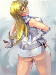 Rule 34 | 1girl, ass, bare shoulders, blonde hair, bottomless, breasts, card, duel academy uniform (yu-gi-oh! gx), fingerless gloves, gloves, hair between eyes, hand on own hip, holding, holding card, kazo (kazozakazo), large breasts, long bangs, long hair, looking at viewer, looking back, shiny skin, skirt, sleeveless, smile, solo, tenjouin asuka, thighs, white gloves, yellow eyes, yu-gi-oh!, yu-gi-oh! gx