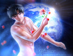 Rule 34 | 1boy, abs, arm across chest, armpits, artist name, artistic nudity, bishoujo senshi sailor moon, black hair, chiba mamoru, clenched hands, closed eyes, closed mouth, collarbone, completely nude, earth (planet), expressionless, flower, hand up, holding, holding flower, kgfantasy, light rays, male focus, navel, neck, nude, parted bangs, parted lips, petals, planet, rose, rose petals, short hair, space, tuxedo mask, upper body, very short hair