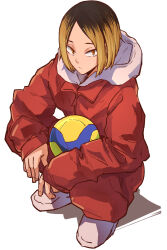 Rule 34 | 1boy, aosora2823, ball, black hair, brown hair, full body, haikyuu!!, highres, holding, holding ball, jacket, kozume kenma, looking at viewer, medium hair, multicolored hair, pants, red jacket, red pants, simple background, solo, squatting, streaked hair, volleyball (object), white background
