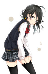Rule 34 | 1girl, :o, adjusting clothes, adjusting legwear, ahoge, black eyes, black hair, blush, bow, bowtie, long hair, long sleeves, looking back, miniskirt, open mouth, original, plaid, plaid skirt, red bow, red bowtie, ribbon, school uniform, shiina kuro, simple background, skirt, solo, thighhighs, thighs, twintails, vest, white background