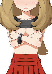 Rule 34 | 1girl, black shirt, blush, breasts, breasts out, brown hair, cleavage, clothes lift, covering breasts, covering privates, creatures (company), facing viewer, female focus, game freak, head out of frame, highres, long hair, medium breasts, morisobo, nintendo, nipples, no bra, parted lips, pokemon, pokemon xy, red skirt, serena (pokemon), shirt, shirt lift, simple background, skirt, solo, standing, white background