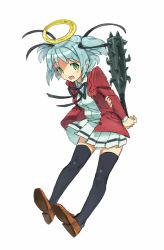 Rule 34 | 00s, 01 0219, 1girl, angel, arm grab, blue hair, bokusatsu tenshi dokuro-chan, bow, club, club (weapon), excalibolg, female focus, full body, green eyes, halo, legs, mitsukai dokuro, open mouth, ribbon, school uniform, short hair, simple background, skirt, solo, spiked club, thighhighs, twintails, two side up, weapon, white background
