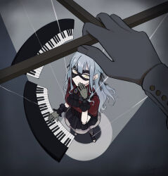Rule 34 | 1girl, 1other, ascot, bang dream!, bang dream! it&#039;s mygo!!!!!, black ascot, black corset, black ribbon, black skirt, black wrist cuffs, blue brooch, blue hair, chinese commentary, comfort zoner, commentary request, corset, earrings, hair ribbon, highres, instrument, jewelry, keyboard (instrument), long hair, looking at viewer, marionette, mask, masquerade mask, puffy short sleeves, puffy sleeves, puppet, red shirt, ribbon, shirt, short sleeves, sidelocks, skirt, togawa sakiko, wrist cuffs