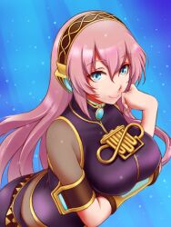 Rule 34 | 1girl, arm support, arm under breasts, armband, belt buckle, black skirt, black vest, blue background, blue eyes, breasts, brooch, buckle, detached sleeves, gold trim, hand up, happy, headphones, headset, high collar, jewelry, kanisabure, large breasts, long hair, long skirt, looking at viewer, megurine luka, microphone, pink hair, see-through, see-through shirt, single detached sleeve, skirt, solo, undershirt, upper body, vest, vocaloid