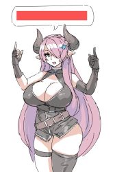 Rule 34 | 1girl, asymmetrical gloves, belt, black gloves, blue eyes, braid, breasts, cleavage, cleavage cutout, clothing cutout, commentary, demon horns, draph, dress, eu03, fang, gameplay mechanics, gloves, granblue fantasy, granblue fantasy versus, hair ornament, hair over one eye, highres, hitbox, horns, huge breasts, index fingers raised, light purple hair, long hair, loose belt, microdress, narmaya (granblue fantasy), pointy ears, single braid, single thighhigh, skin fang, skindentation, solo, speech bubble, standing, thigh strap, thighhighs, uneven gloves, very long hair