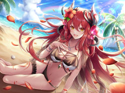 Rule 34 | 1girl, beach, bikini, bird, breasts, bridal garter, cleavage, cloud, coconut tree, commentary, duel monster, falling petals, flower, flower request, hair between eyes, hand on own chest, heart, heart necklace, highres, jewelry, large breasts, leg tattoo, light rays, long hair, looking at viewer, midriff, navel, necklace, ocean, outdoors, palm tree, petals, rainbow, red hair, seagull, solo, swimsuit, tattoo, traptrix allomerus, tree, unisenpai, very long hair, yellow eyes, yu-gi-oh!