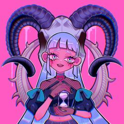 Rule 34 | 1girl, black nails, blood, bloody tears, blue eyes, blue hair, blurry, chromatic aberration, colored skin, commentary, curled horns, english commentary, fishnet gloves, fishnet top, fishnets, gloves, highres, horns, hourglass, long hair, midriff, mimpish, multicolored eyes, navel, open mouth, original, pink background, pink skin, puffy sleeves, purple eyes, ram skull, skull, smile, solo, very long hair