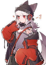 Rule 34 | 1girl, absurdres, animal ears, arknights, bag, black hair, chinese commentary, detached collar, fox ears, fox tail, frostleaf (arknights), headphones, highres, implied extra ears, jacket, lishayakou, long hair, long sleeves, material growth, musical note, off-shoulder shirt, off shoulder, open clothes, open jacket, oripathy lesion (arknights), red eyes, red jacket, shirt, shoulder bag, silver hair, solo, tail, white background