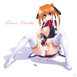 Rule 34 | 00s, 1girl, blue eyes, brown hair, censored, cross mirage, gun, highres, kamogawa tanuki, lyrical nanoha, mahou shoujo lyrical nanoha, mahou shoujo lyrical nanoha strikers, open clothes, open shirt, pussy, shirt, sitting, solo, teana lanster, thighhighs, twintails, uniform, weapon, white thighhighs