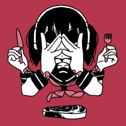 Rule 34 | 1girl, bandaid, bandaid on arm, black hair, closed mouth, commentary request, cropped shoulders, empty eyes, explosion psycho, extra arms, food, fork, haguruma hasami (explosion psycho), hands on own face, hands up, headphones, highres, holding, holding fork, holding knife, index finger raised, knife, limited palette, long sleeves, looking at viewer, neckerchief, no pupils, original, own hands together, pink neckerchief, red background, sailor collar, solo, staring, steak, steepled fingers, straight-on, too many bandaids, twintails, wide-eyed