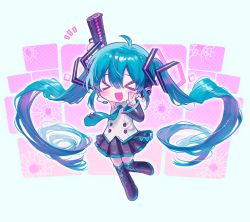 Rule 34 | &gt; &lt;, 1girl, :d, > <, ahoge, arm up, black footwear, black skirt, black sleeves, black thighhighs, blue hair, blue necktie, boots, chibi, collared shirt, commentary, detached sleeves, full body, gun, hair between eyes, handgun, hatsune miku, headset, holding, holding gun, holding weapon, long hair, necktie, nyam 030, open mouth, pistol, pleated skirt, shirt, skirt, smile, solo, thigh boots, thighhighs, twintails, v, very long hair, vocaloid, weapon, white shirt, xd