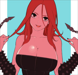 Rule 34 | 1girl, :p, alternate costume, alternate hair color, alternate hairstyle, black dress, black nails, bracelet, breasts, cleavage, dress, ieung-isegae, jewelry, large breasts, league of legends, long hair, looking at viewer, nail polish, pentakill (league of legends), pentakill sona, red eyes, red hair, smile, solo, sona (league of legends), spiked bracelet, spikes, strapless, strapless dress, tongue, tongue out