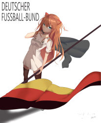 Rule 34 | 1girl, 2018 fifa world cup, 854757184, absurdres, adidas, bad id, bad pixiv id, blue eyes, brown thighhighs, closed mouth, coat, dress, flag, german flag, german text, germany, grey coat, hair between eyes, hair ornament, highres, holding, holding flag, jacket, unworn jacket, long hair, looking at viewer, neon genesis evangelion, orange hair, shoes, smile, soccer, soccer uniform, solo, souryuu asuka langley, sportswear, standing, thighhighs, white background, white dress, world cup