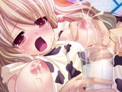 Rule 34 | 1girl, breasts squeezed together, breasts, cow girl, cup, drinking glass, game cg, lactation, large breasts, male hand, milk, nipples, shinigami milk, tears