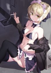 Rule 34 | 1girl, absurdres, apron, artoria pendragon (alter swimsuit rider) (fate), artoria pendragon (alter swimsuit rider) (second ascension) (fate), artoria pendragon (fate), bare shoulders, bikini, black bikini, black bow, black bra, black jacket, black neckwear, black thighhighs, blonde hair, bow, bra, braid, breasts, cigarette, cleavage, clothes lift, collarbone, fate/grand order, fate (series), feet out of frame, french braid, frilled skirt, frills, hand up, highres, holding, holding cigarette, jacket, knee up, kuse (0201), lifted by self, long sleeves, looking at viewer, maid, maid bikini, maid headdress, medium breasts, miniskirt, navel, off-shoulder jacket, off shoulder, open clothes, outdoors, ribbon trim, short hair, sitting, skirt, skirt lift, smoke, smoking, solo, stomach, swimsuit, thighhighs, unconventional maid, underwear, waist apron, water, yellow eyes