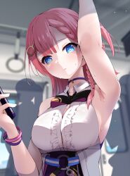Rule 34 | 1girl, absurdres, arm up, armpits, asta (honkai: star rail), bare arms, bare shoulders, black ribbon, blue eyes, blush, bracelet, braid, breasts, choker, closed mouth, commentary request, furrowed brow, highres, holding, holding phone, honkai: star rail, honkai (series), jewelry, large breasts, looking at viewer, medium hair, parted lips, phone, pink hair, ribbon, shy, sweat, sweatdrop, tetori (tetolisto), train interior, upper body