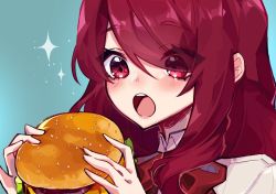 Rule 34 | :o, bad id, bad twitter id, blue background, blush, bow, burger, collared shirt, emi star, food, hair behind ear, holding, holding food, kirijou mitsuru, looking down, open mouth, persona, persona 3, portrait, red bow, red eyes, red hair, shirt, sparkle, unfinished, white shirt