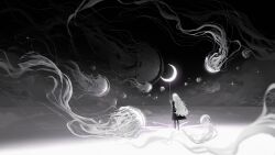 Rule 34 | 1girl, absurdres, black dress, crescent moon, dress, from behind, full body, highres, holding, huhv., jellyfish, long hair, monochrome, moon, non-web source, original, scenery, solo, sparkle, standing, string, surreal, wavy hair, white hair