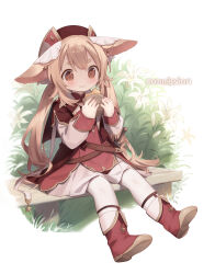 Rule 34 | 1girl, animal ears, bag, blonde hair, boots, border, borrowed character, brown eyes, cloneko (zelmeledf2), commission, crossed belts, double-parted bangs, eating, fading border, feet up, flower, foliage, food, fox ears, full-body tattoo, hands up, hat, highres, hikimayu, holding, holding pastry bag, knife, knife sheath, light blush, lily (flower), low twintails, on bench, original, pantyhose, paper bag, pastry, red footwear, red hat, red shirt, red sleeve cuffs, sheath, sheathed, shirt, sidelocks, sitting, skeb commission, solo, tattoo, three quarter view, twintails, two-handed, white flower, white pantyhose, white sleeves