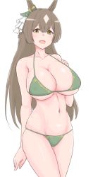 Rule 34 | 1girl, :d, animal ears, bare arms, bare shoulders, bikini, blush, brown eyes, brown hair, collarbone, commentary, cowboy shot, green bikini, hair between eyes, hair ribbon, half updo, horse ears, long hair, looking at viewer, navel, nishikaze (makaso17), open mouth, ribbon, satono diamond (umamusume), simple background, smile, solo, standing, stomach, swimsuit, thighs, umamusume, very long hair, white background, white ribbon