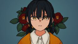 Rule 34 | 1girl, anmo, black hair, blue background, collared shirt, commentary request, floral background, flower, flower request, hair bobbles, hair ornament, ikanaide (vocaloid), kaai yuki, looking at viewer, low twintails, medium hair, parted lips, portrait, red flower, shirt, short twintails, solo, straight-on, sweater, tearing up, twintails, vocaloid, white shirt, yellow eyes, yellow sweater