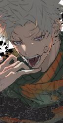 Rule 34 | 1boy, absurdres, bo toike57, fangs, highres, inumaki toge, jujutsu kaisen, looking at viewer, male focus, open mouth, portrait, purple eyes, scarf, short hair, simple background, solo, sweat, sweatdrop, teeth, tongue, tongue out, v-shaped eyebrows, white background, white hair
