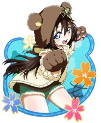Rule 34 | 1girl, animal ears, animal hands, animal hood, aqua eyes, artist name, artist request, bare legs, bare shoulders, bear ears, blue eyes, blush, bow, breasts, brown bow, brown dress, brown hair, brown jacket, brown legwear, brown sweater, clothing cutout, collarbone, dress, exciting animal (love live!), female focus, flower, frilled dress, frills, fur-trimmed pants, fur-trimmed shorts, fur trim, gloves, green pants, green shorts, hair between eyes, highres, hood, hooded jacket, hooded sweater, jacket, light brown jacket, light brown sweater, long hair, long sleeves, looking at viewer, love live!, love live! nijigasaki high school idol club, love live! school idol festival, love live! school idol festival all stars, osaka shizuku, pants, parted lips, paw gloves, polka dot, polka dot bow, polka dot legwear, ponytail, ribbon, short pants, short shorts, short sleeves, shorts, shoulder cutout, small breasts, smile, solo, star (symbol), sweater, white background, white bow, white flower, yellow ribbon