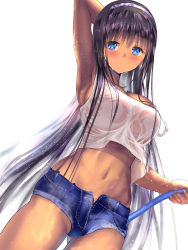 Rule 34 | 1girl, arm up, armpits, arms behind head, bad id, bad pixiv id, black hair, blue eyes, blush, breasts, dark-skinned female, dark skin, dress, hose, large breasts, long hair, looking at viewer, navel, original, ponytail korosuke, revision, see-through, short shorts, shorts, simple background, solo, strap slip, tank top, wet, wet clothes, white background, white dress