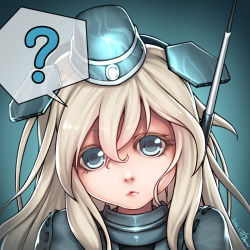Rule 34 | 10s, 1girl, 2016, ?, antennae, blonde hair, blue background, blue eyes, blue theme, colored eyelashes, dated, garrison cap, hair between eyes, hat, kantai collection, lips, long hair, looking at viewer, parted lips, portrait, ryu un, signature, solo, spoken question mark, stitches, u-511 (kancolle)